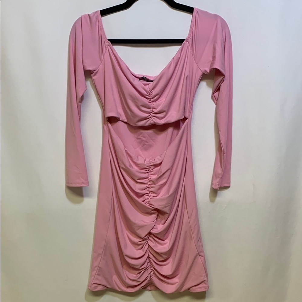 Naked Wardrobe Pink Ruched Long Sleeve Bodycon Dress